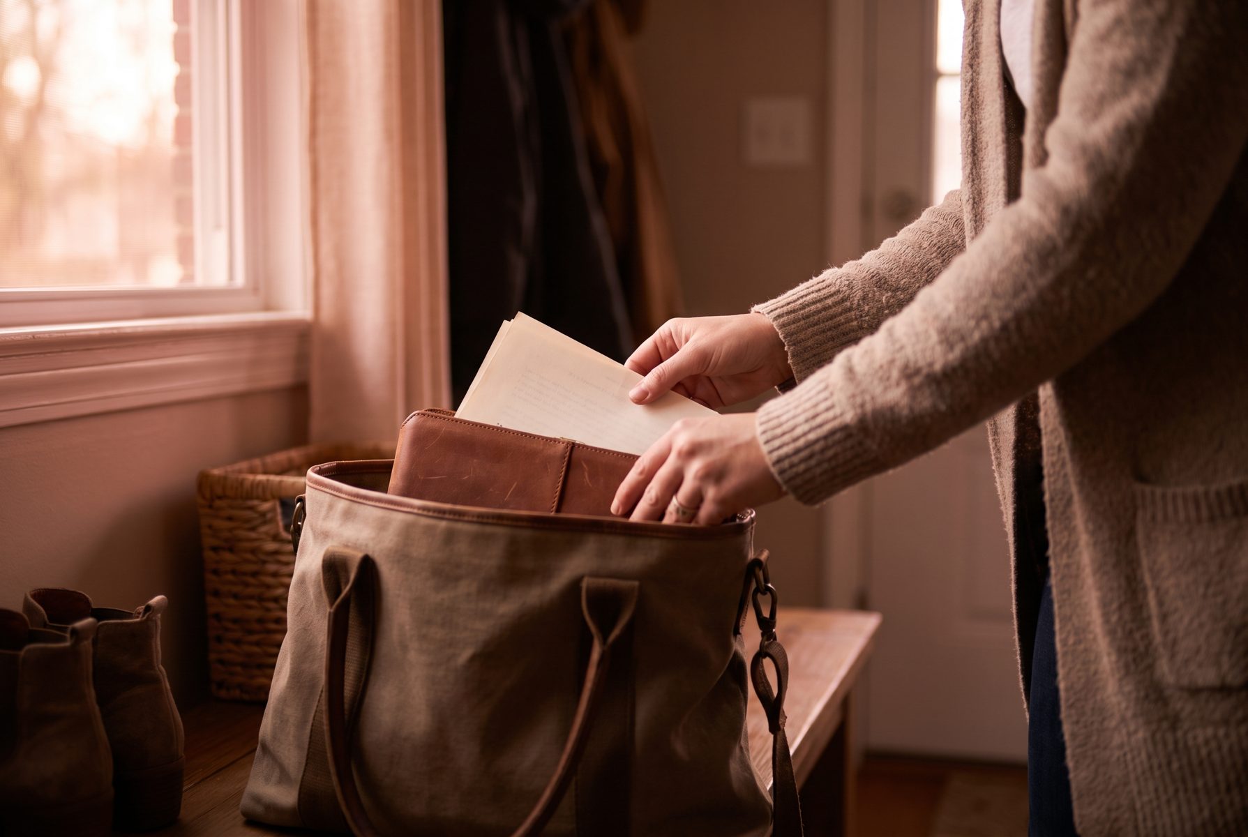 A woman's hands placing a single printed page into a folder inside her handbag, entryway light, no readable text