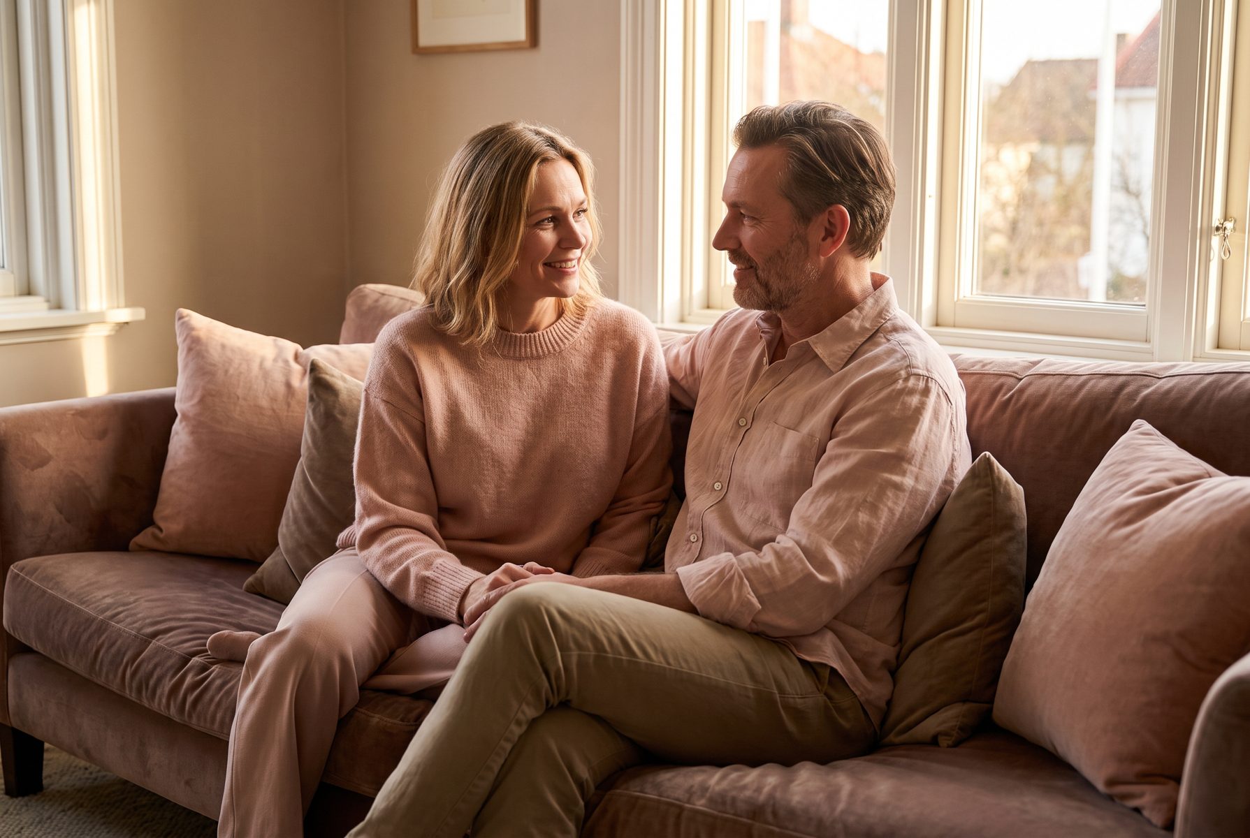 A couple in their late 40s talking calmly on a sofa, side by side, warm evening light, kind expressions