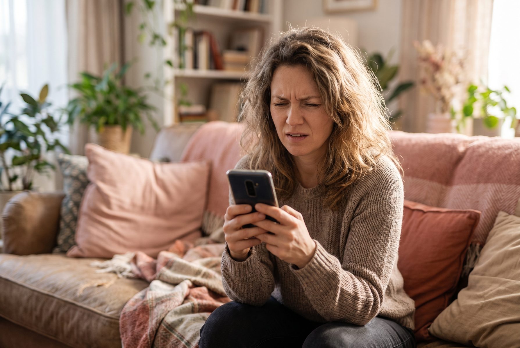 A woman in her early 40s looking puzzled at her phone on a sofa, phone screen not readable