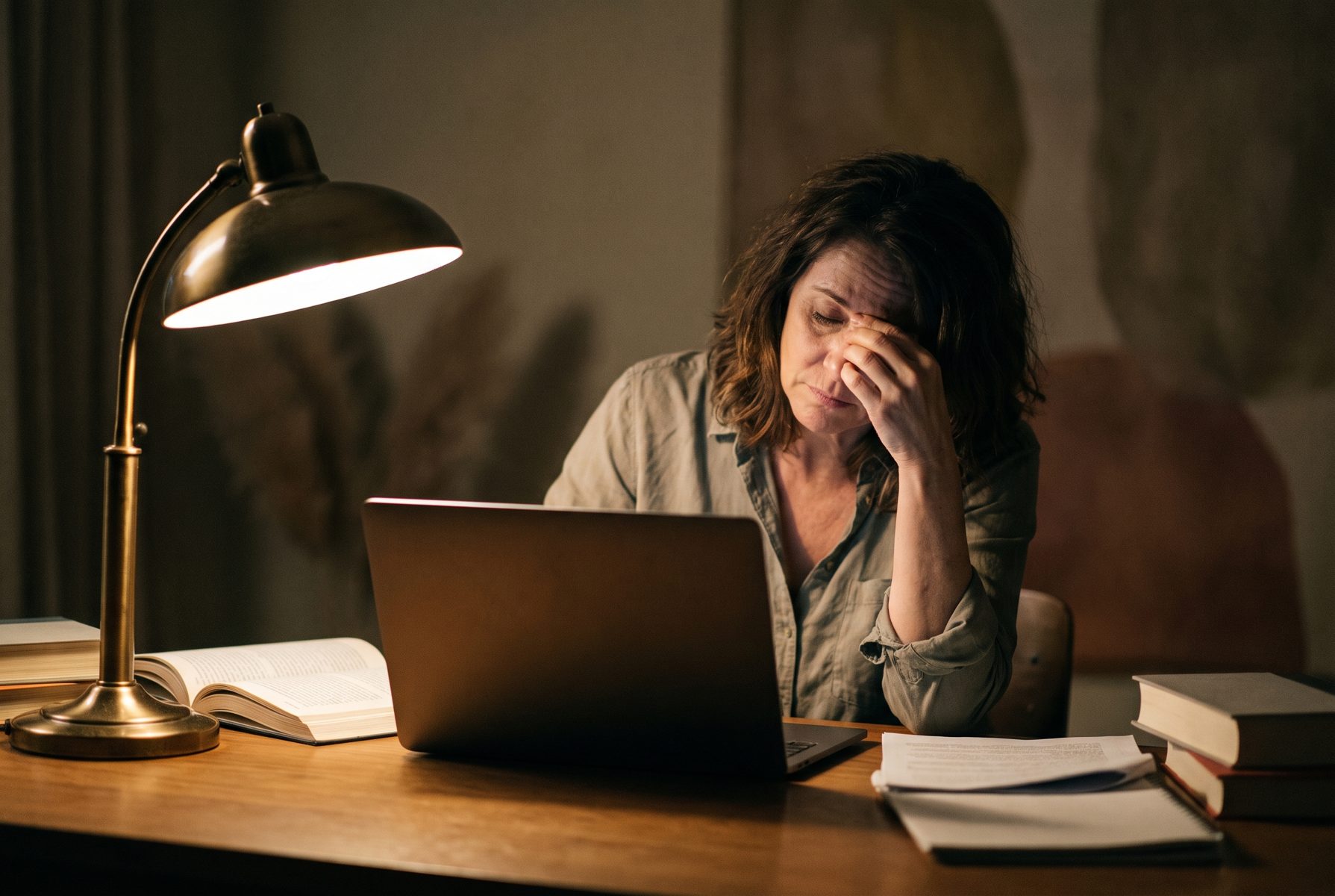 A woman in her late 40s working late at a laptop with a desk lamp, tired eyes, dark room around her