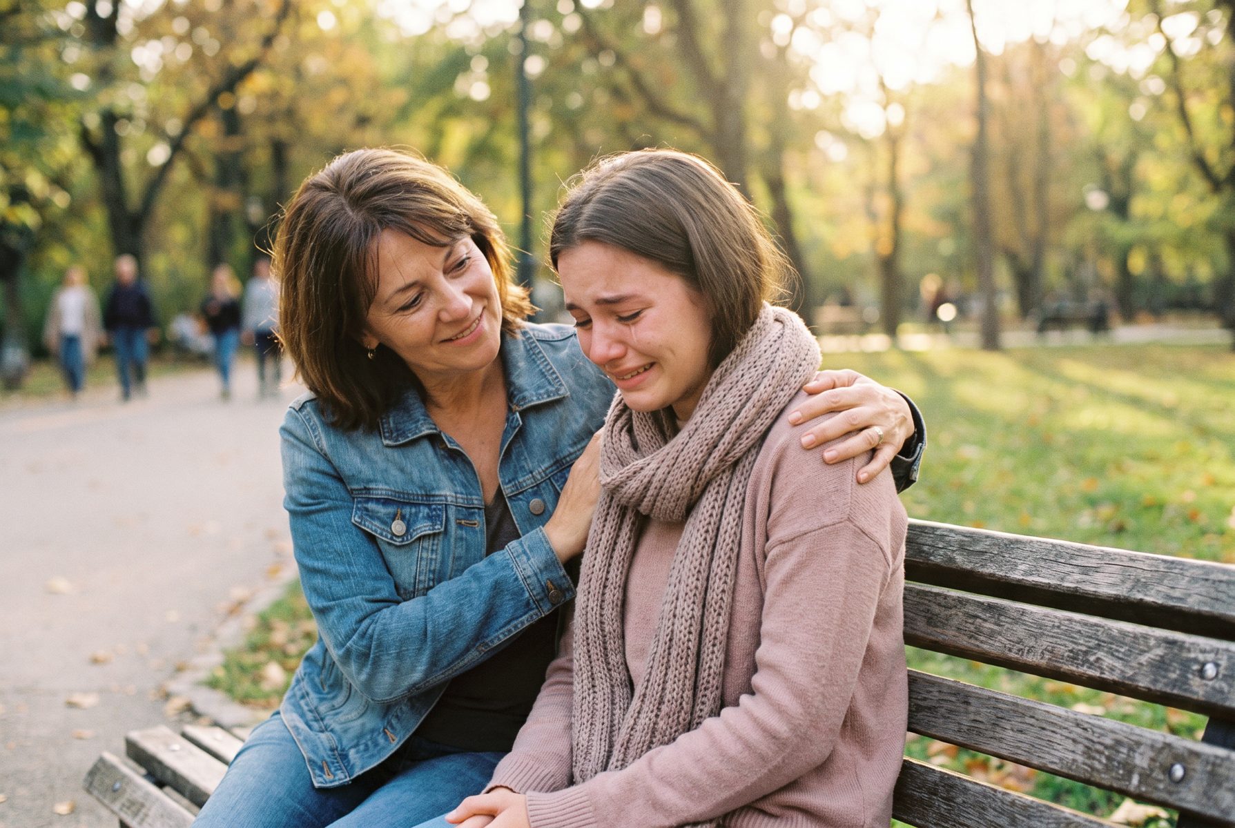 Two friends in their 40s and 50s sitting on a bench talking warmly, one comforting the other, park in soft light