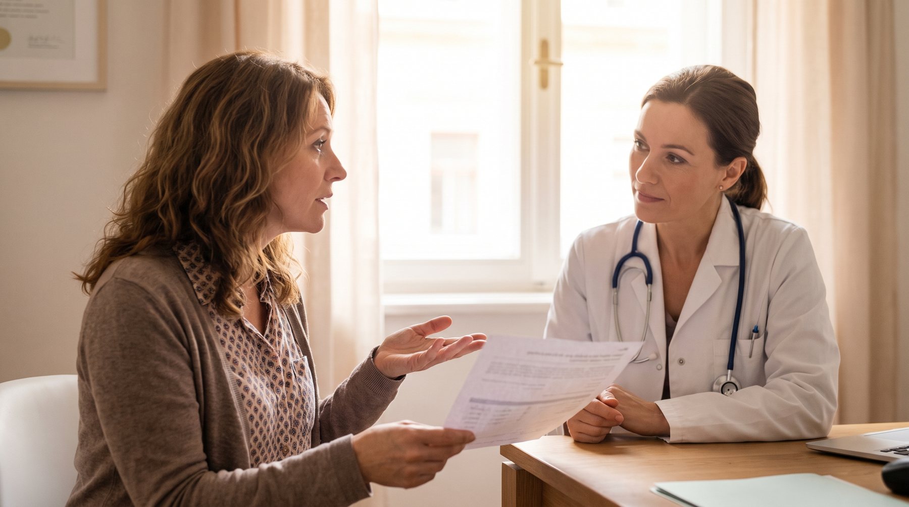 A woman showing a one-page summary to her doctor during an appointment