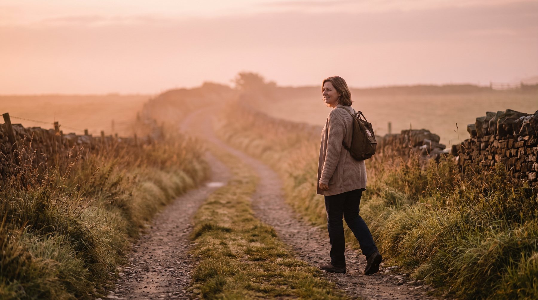 A woman walking along a quiet country path at sunrise