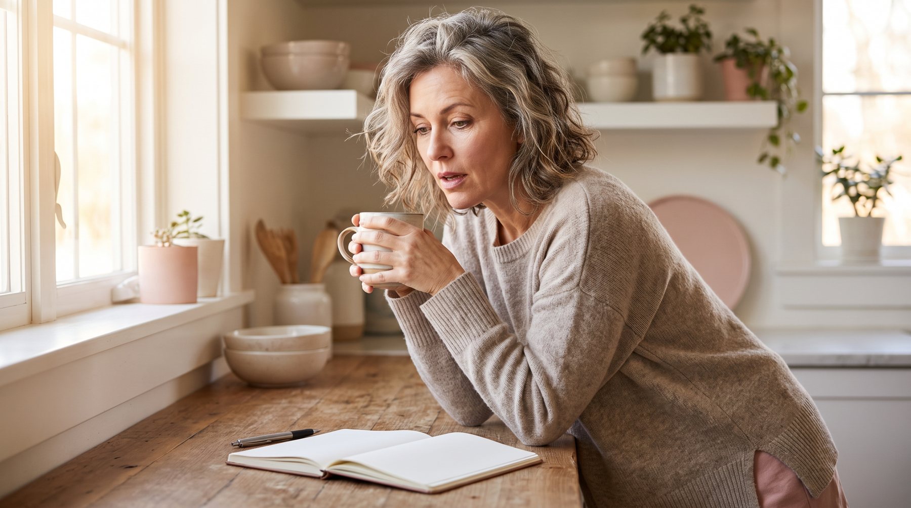 A woman at a kitchen counter with a coffee mug, looking thoughtfully at her notebook