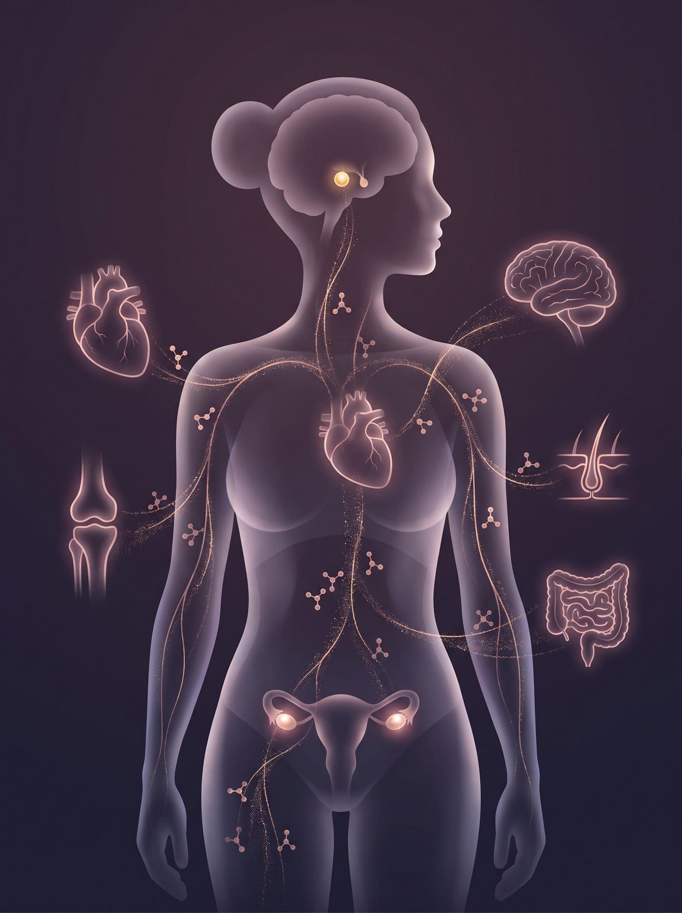 Illustration von Hormonsignalen, die vom Gehirn und den Eierstöcken durch den Körper wandern