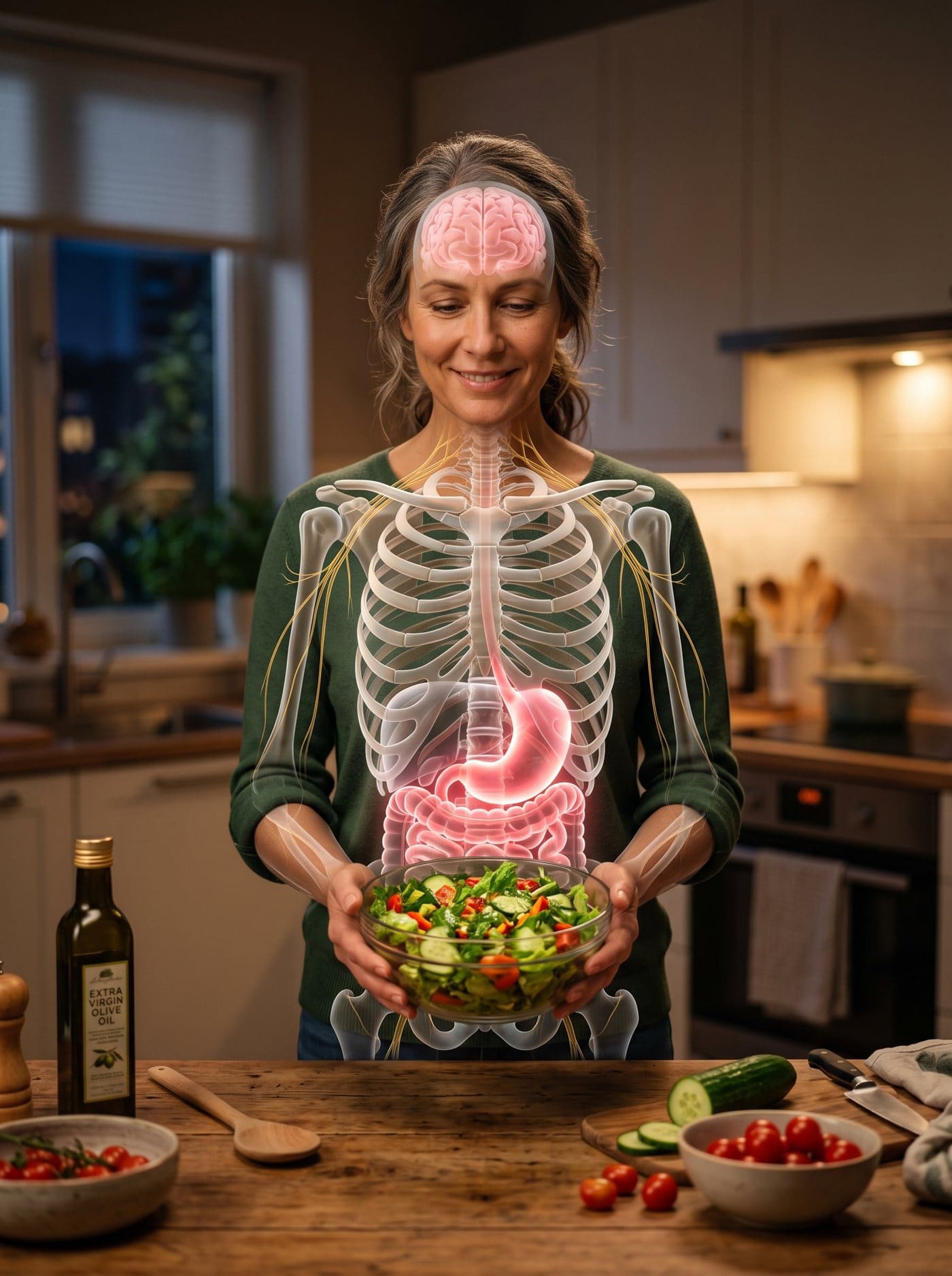 Eine Frau in der Küche hält einen Salat, ihr Körper ist durchscheinend dargestellt, mit leuchtendem Gehirn und Darm