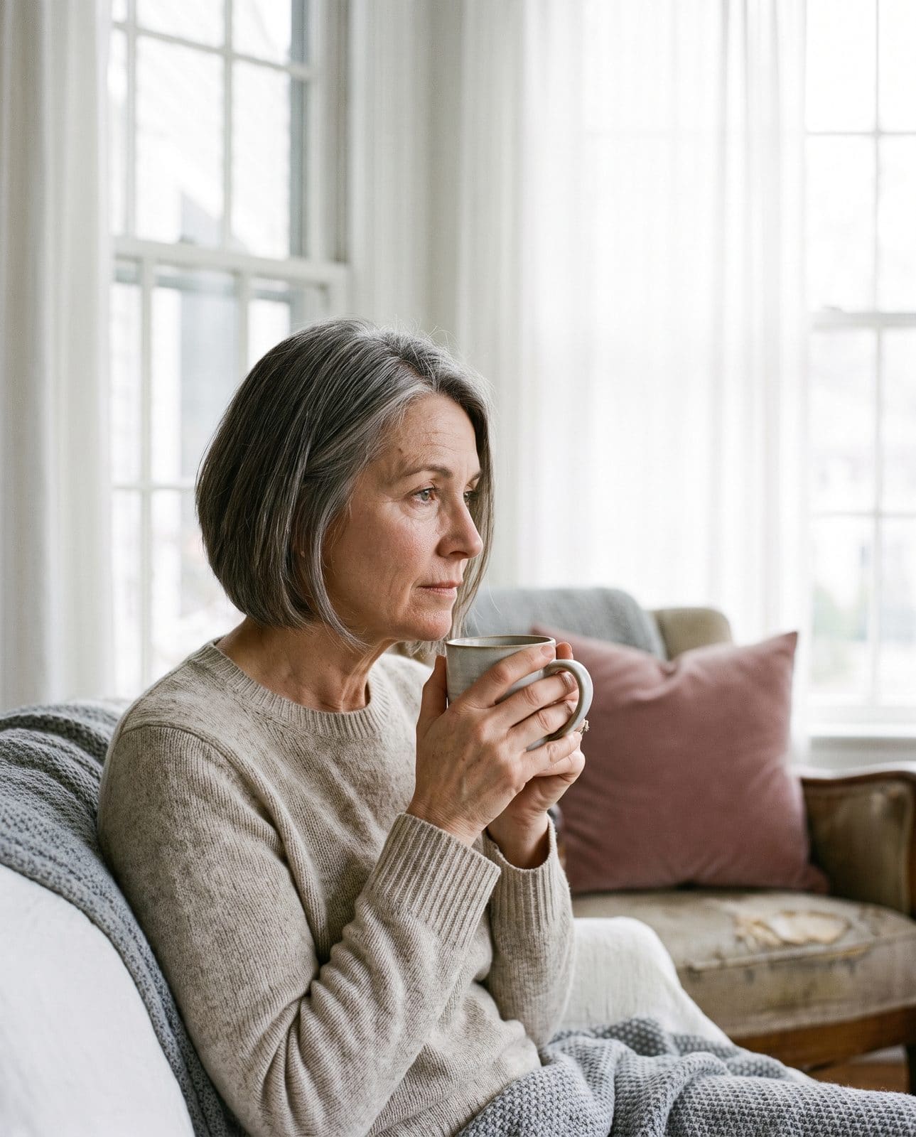 Eine Frau macht mit einer Tasse Tee am Fenster eine Pause