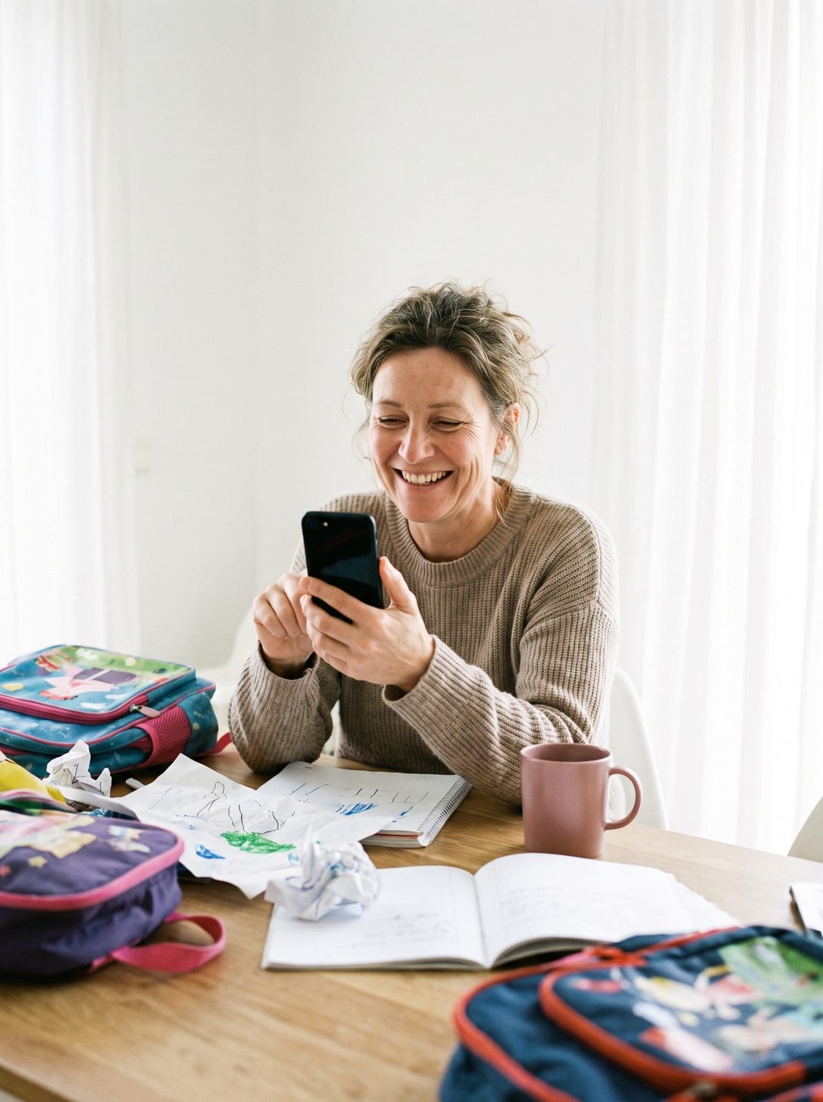 Eine Mutter loggt am Küchentisch auf ihrem Handy, wie sie sich fühlt