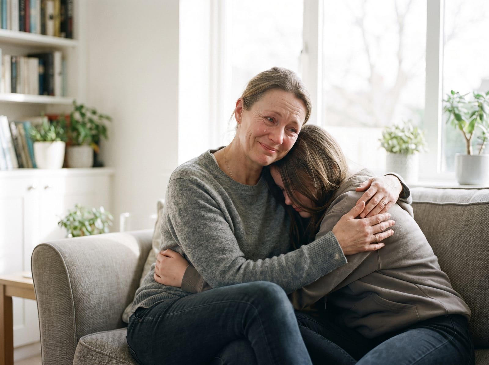 Eine Mutter und ihre jugendliche Tochter umarmen sich, die Mutter lächelt erleichtert